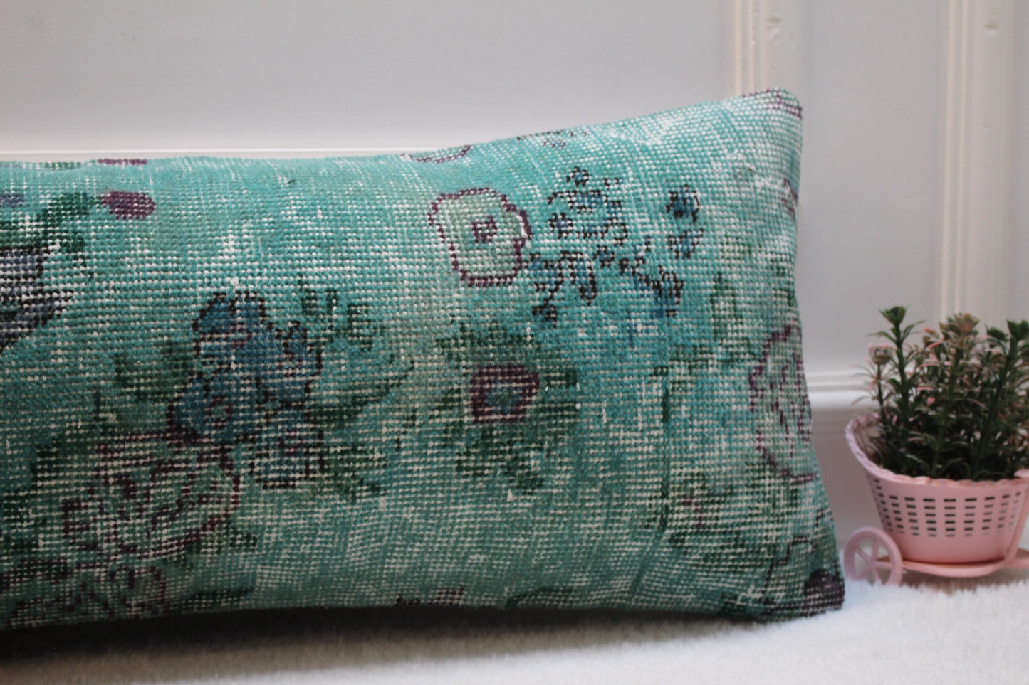 Green Wool Lumbar Pillow Cover: Vintage Anatolian Rug, 12x36 inch