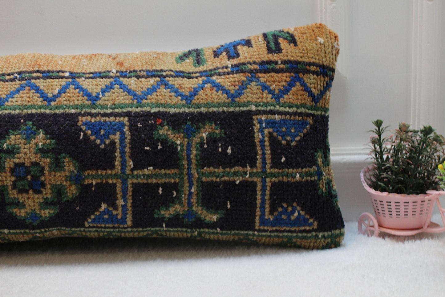 Handmade Kilim Lumbar Pillow Cover: Upcycled Woven Rug, Boho Decor (12x36 in)