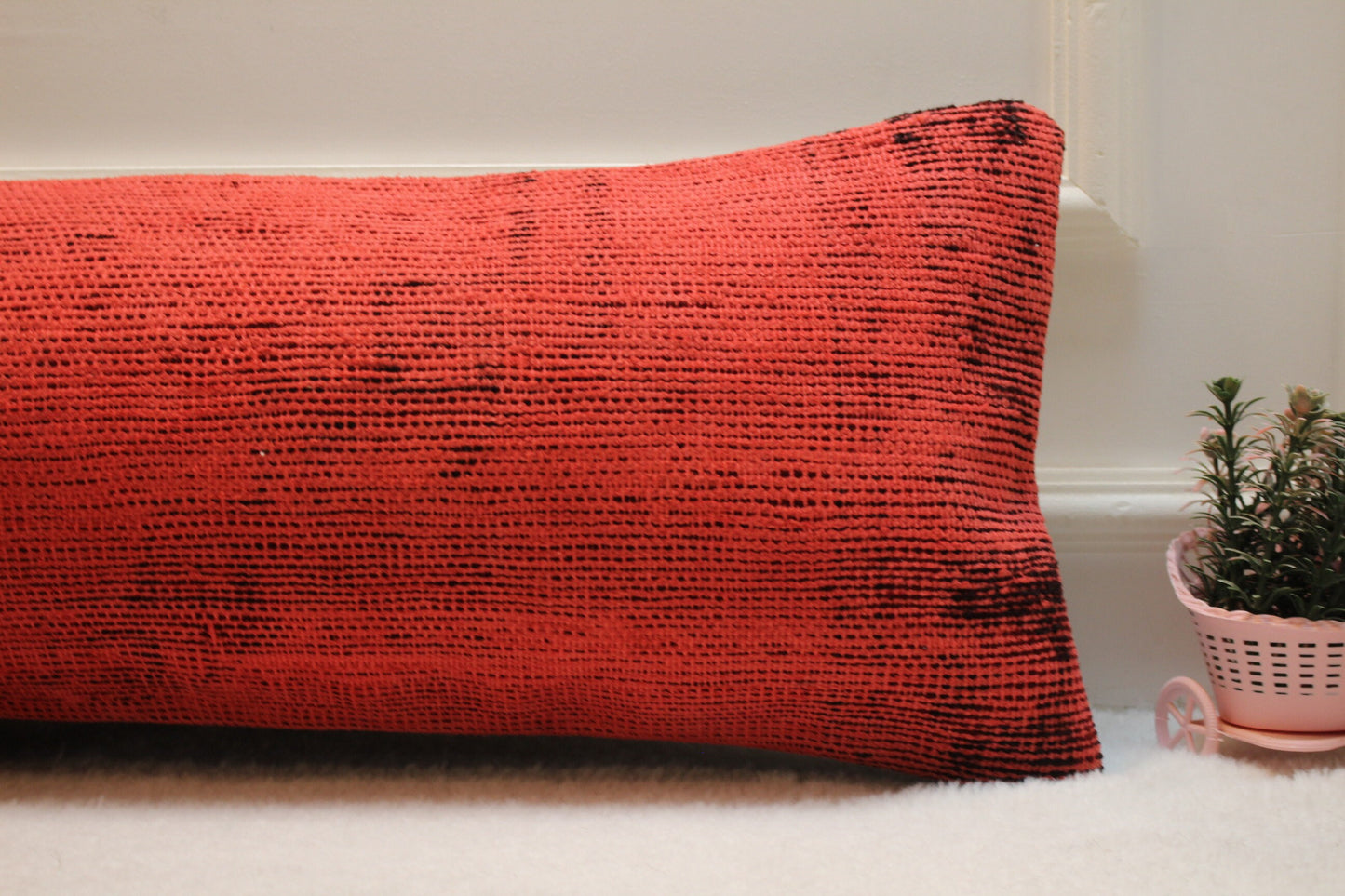 Handmade Red Turkish Rug Lumbar Pillow Cover: Vintage Woven Kilim, 12x36 in