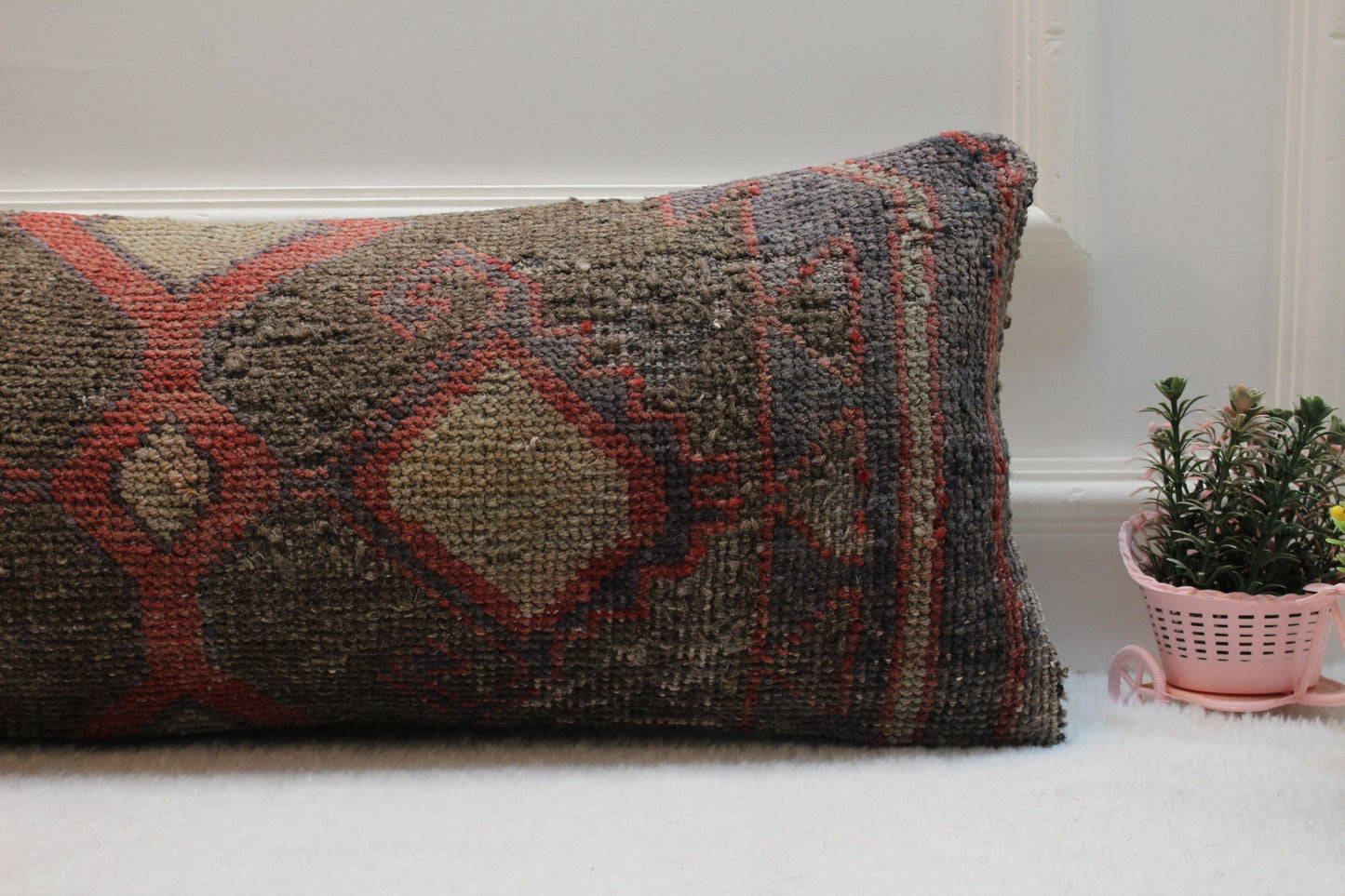 Handmade Lumbar Kilim Pillow Cover: Organic Wool Boho Rug Pillow (12x36 in)