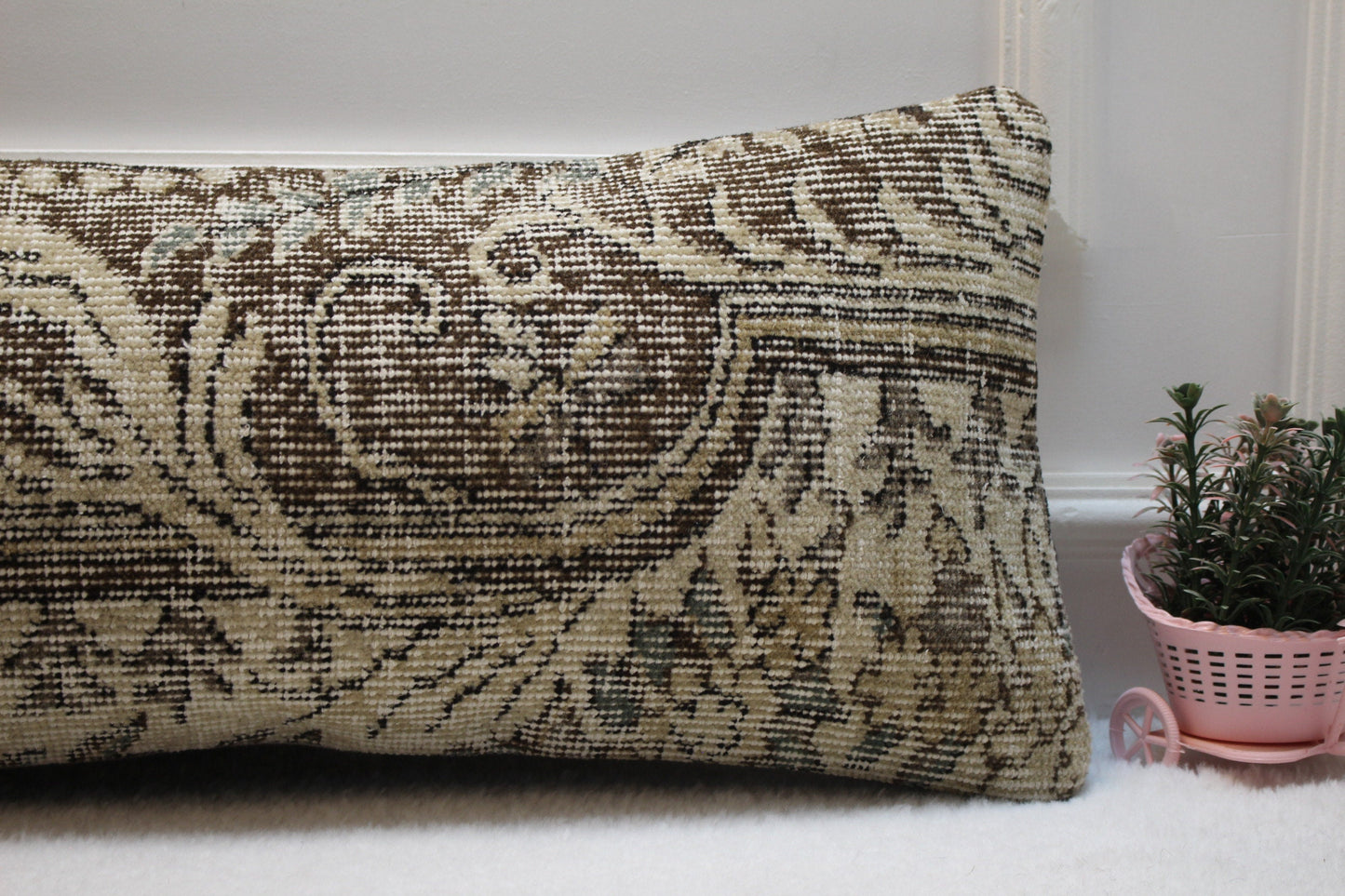 Handmade Turkish Lumbar Pillow Cover: Brown Beige Wool Rug, Boho Decor (12x36 in)
