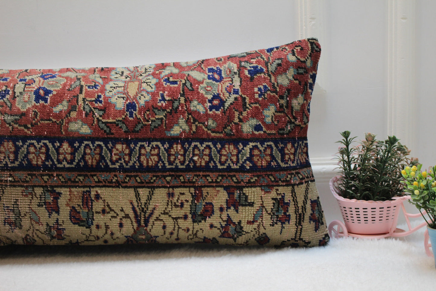 Floral Kilim Pillow Cover (12x36 in): Upcycled Woven Rug, Organic Wool