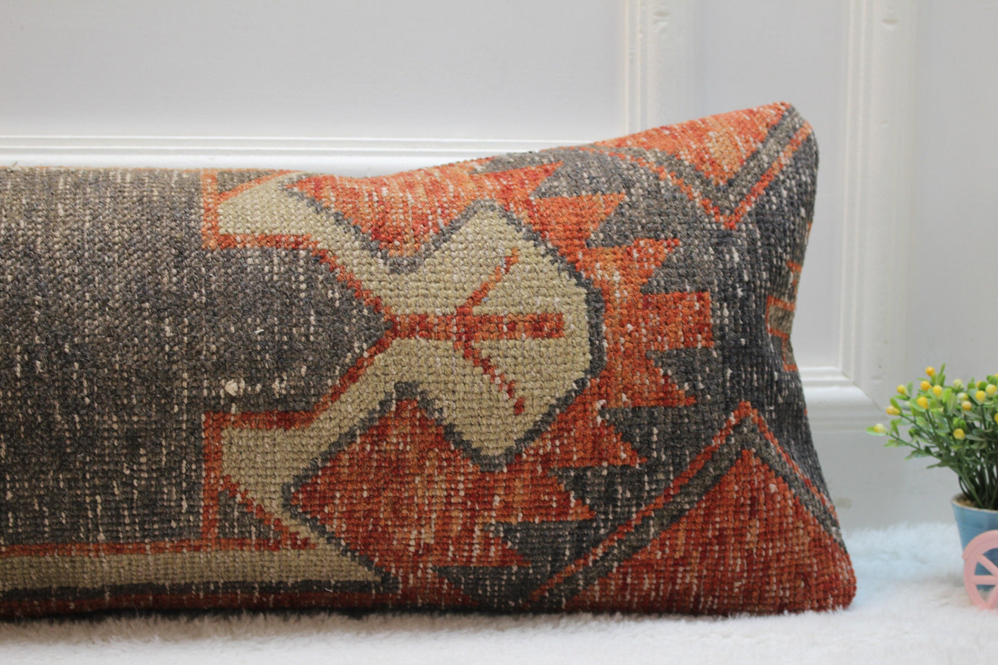 Vintage Turkish Lumbar Pillow Cover: Red Black Wool Kilim, 12x36