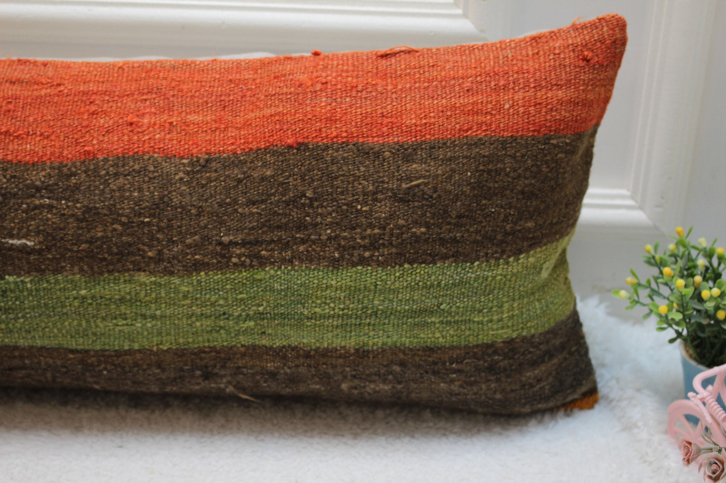 Striped Kilim Lumbar Pillow Cover: 12x36 inch, Upcycled Wool Rug