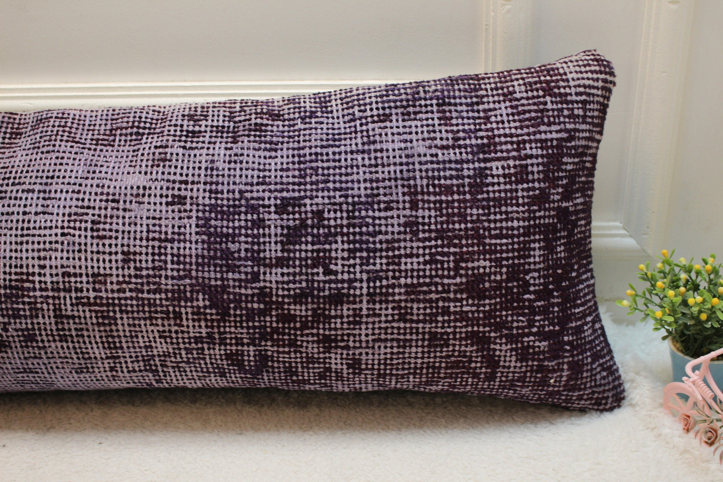 Handmade Kilim Pillow Cover: Upcycled Woven Rug, Purple Boho Decor (12x36 in)