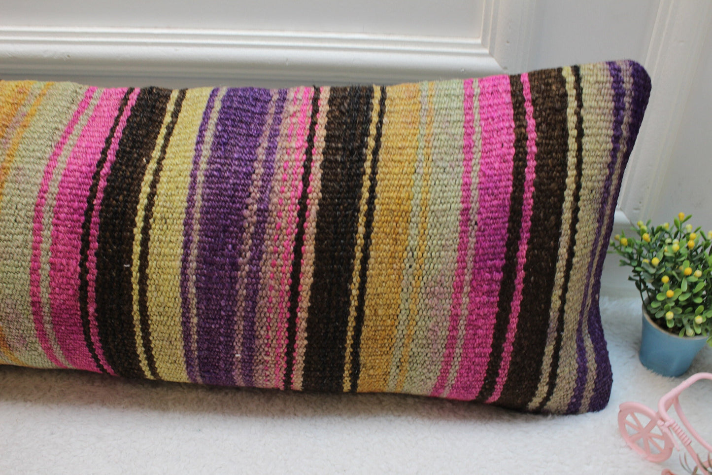 Striped Kilim Pillow Cover: Handmade Organic Wool, Purple Beige Black (12x36 in)