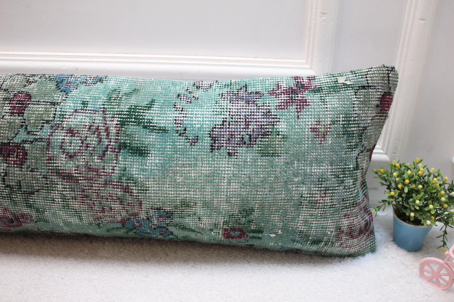 Vintage Turkish Rug Lumbar Pillow Cover: Green Floral, 12x36 inch