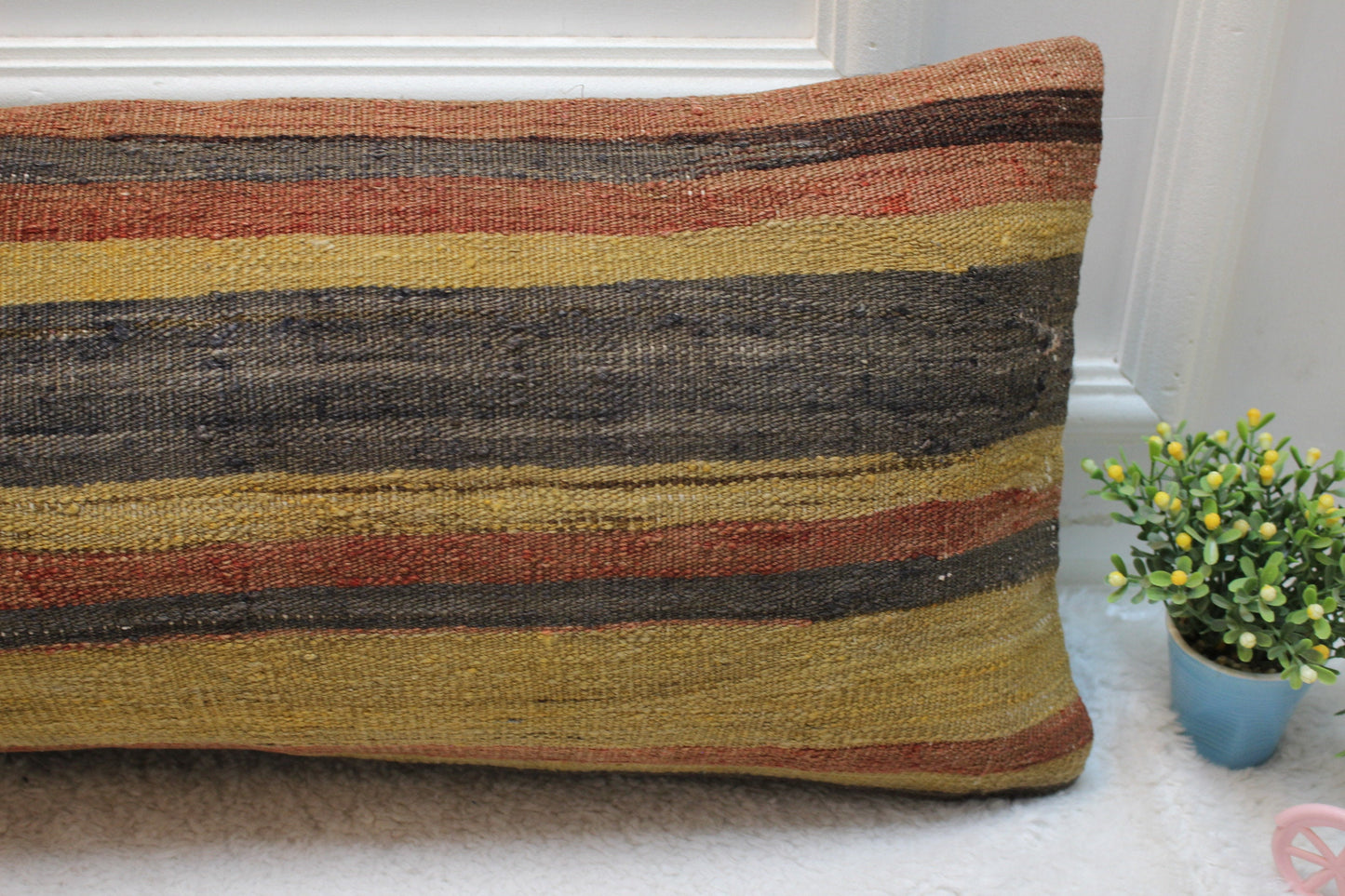 Handmade Long Lumbar Kilim Pillow: Striped Boho Decor (12x36 inc)