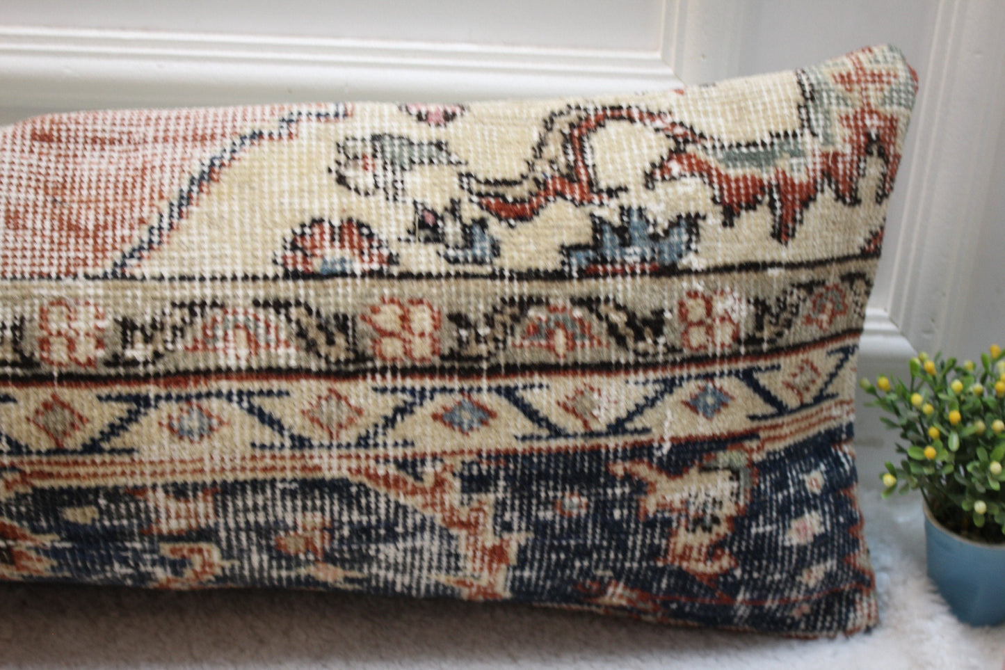 Vintage Turkish Rug Pillow Cover: Beige & Blue Lumbar, 12x36 inch