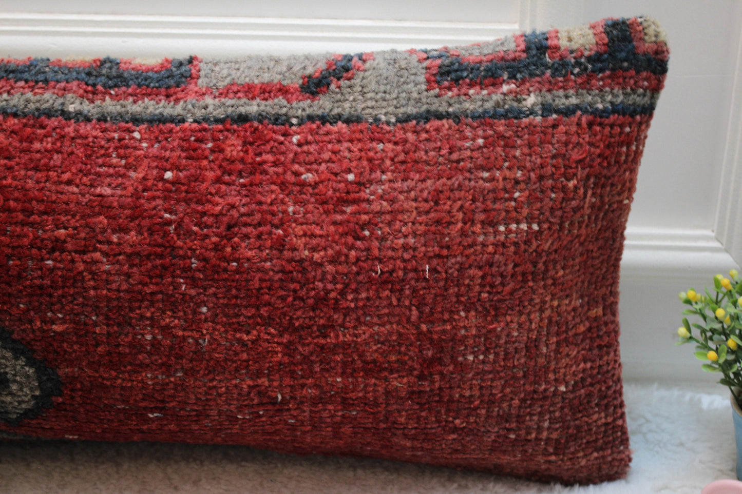 Handmade Turkish Rug Lumbar Pillow Cover: Organic Wool Boho Pillow (12x36 inc)