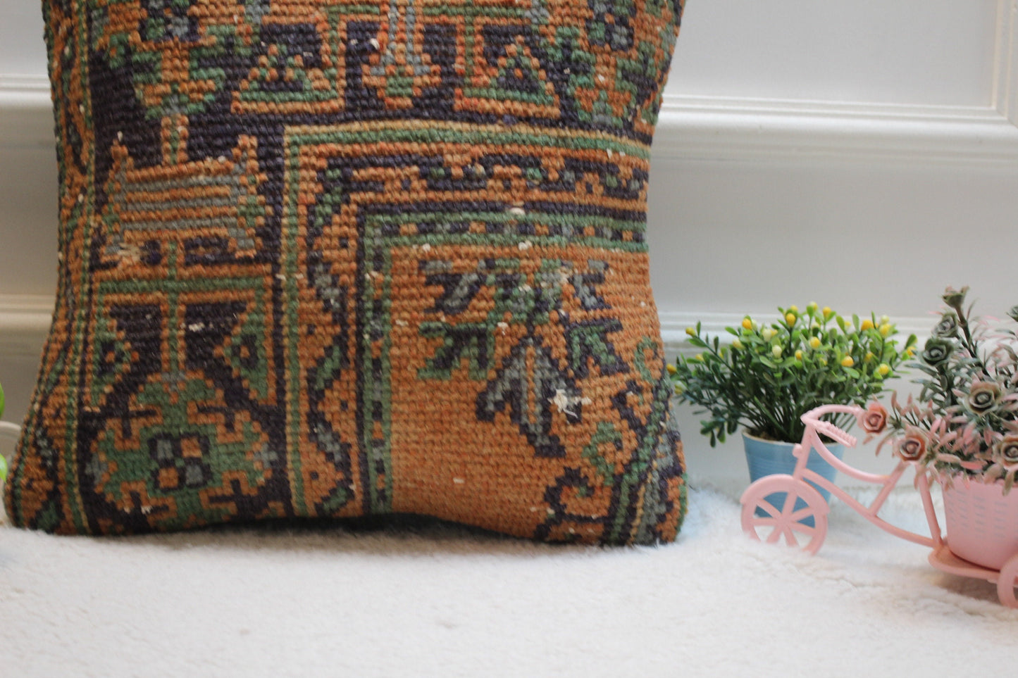 Orange & Blue Turkish Rug Pillow Cover: 16x16 Wool Kilim Pillow