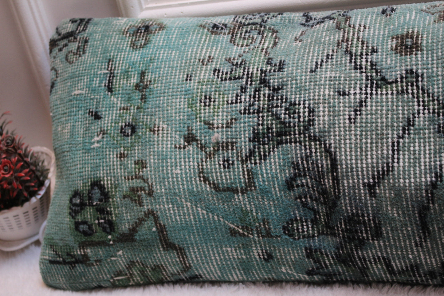 Handmade Green & Black Lumbar Pillow Cover: Upcycled Rug, Boho Decor (12x36 inc)
