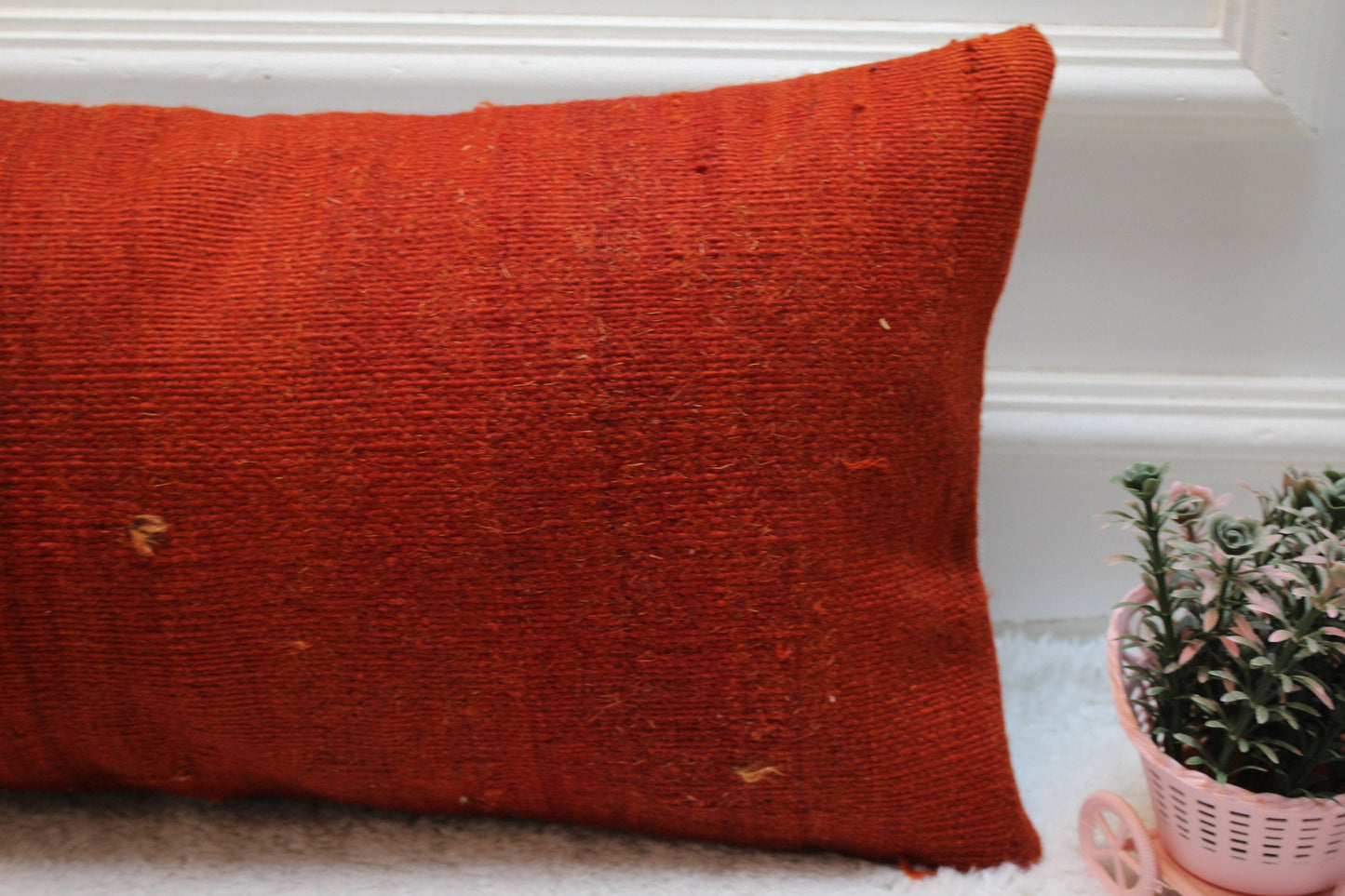 Red Kilim Lumbar Pillow Cover: Handmade Organic Wool, 12x24 inch