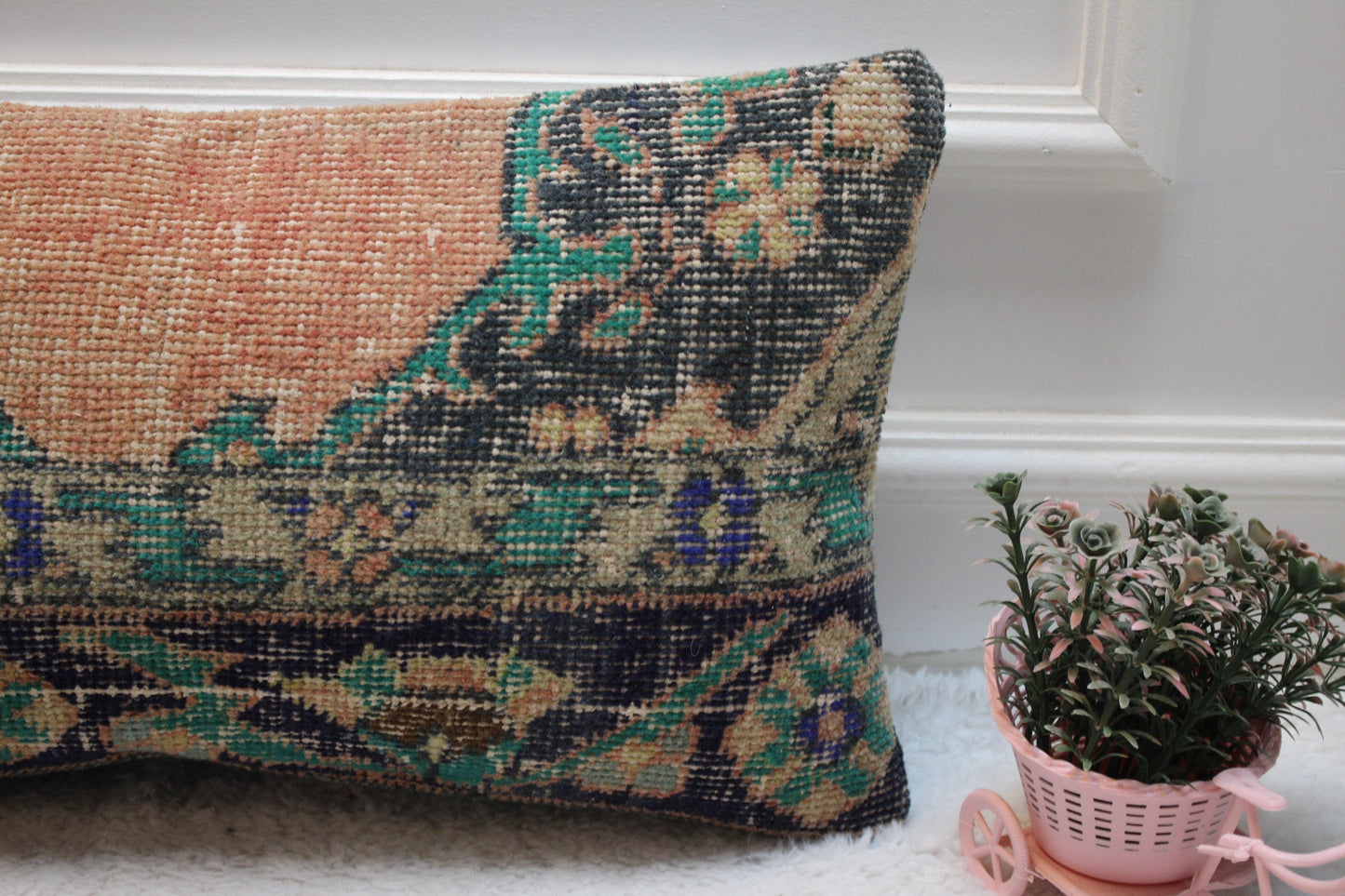 Handmade Kilim Lumbar Pillow Cover: Black, Orange, Green Rug Pillow (12x24 inc)