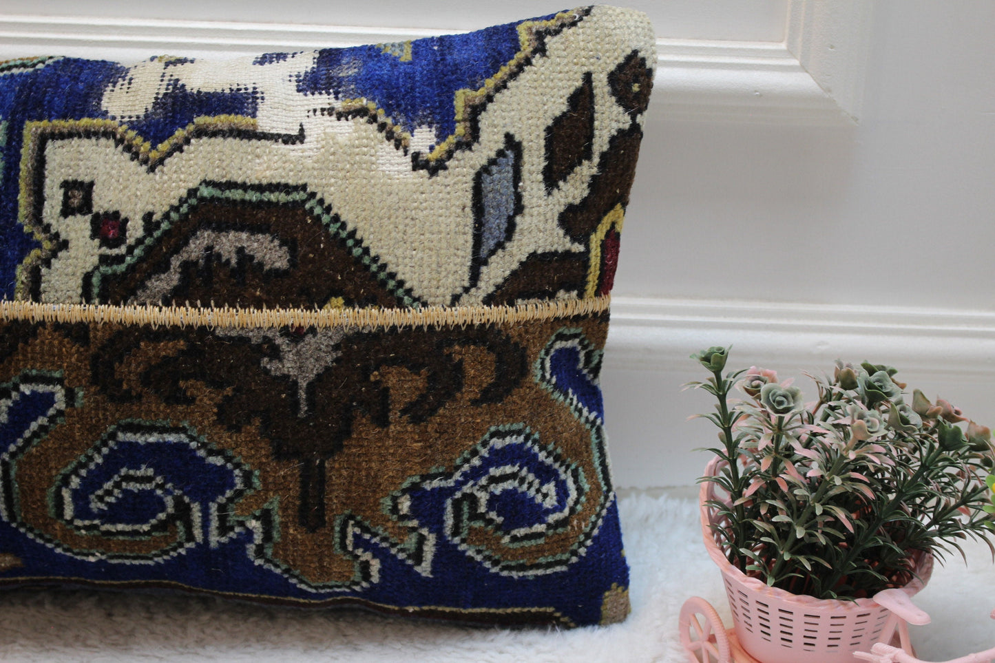 Vintage Turkish Rug Lumbar Pillow Cover: Blue Brown Wool, 12x24 inch