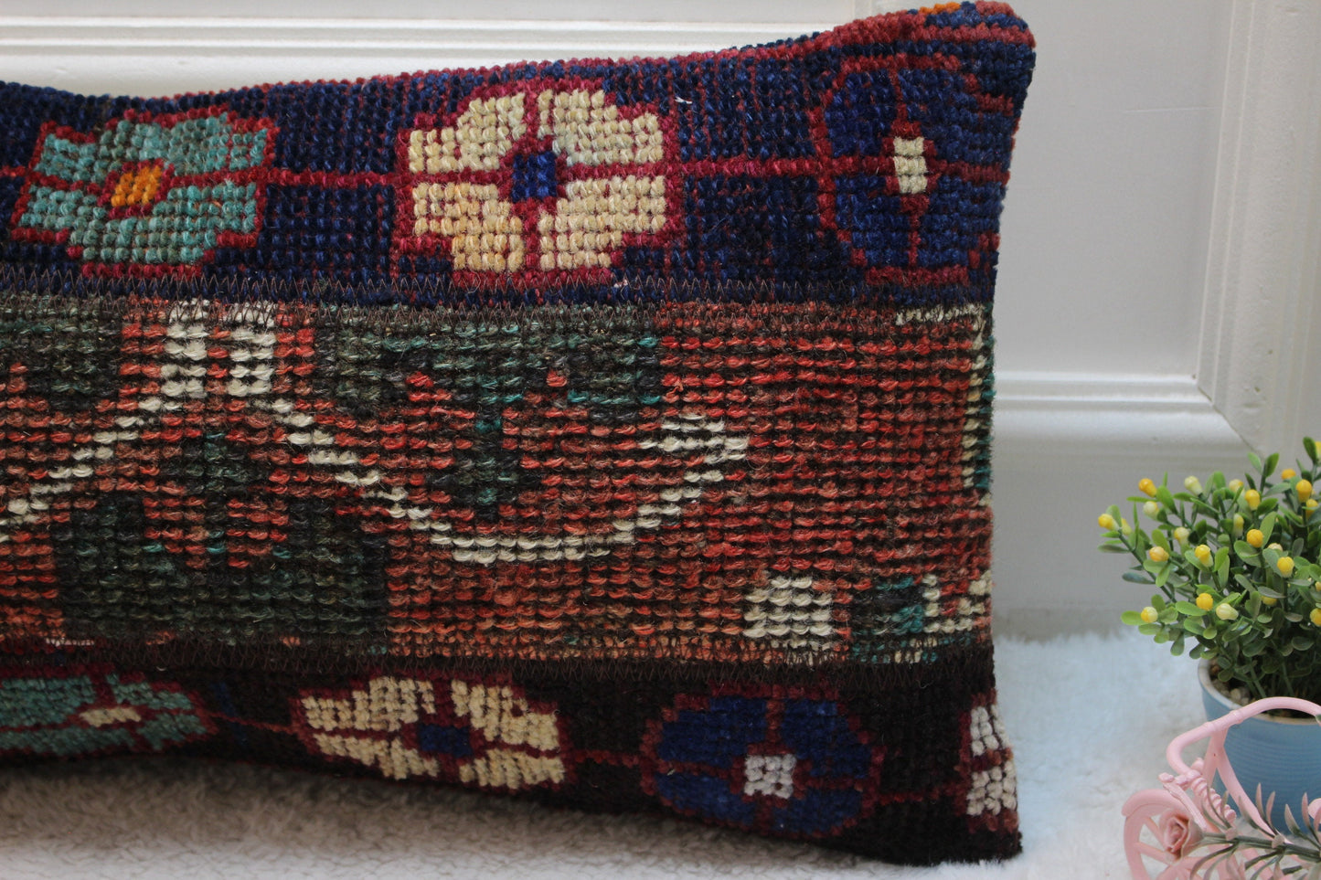 Floral Turkish Rug Pillow: Handmade Organic Wool Lumbar Cover (12x24 inc)