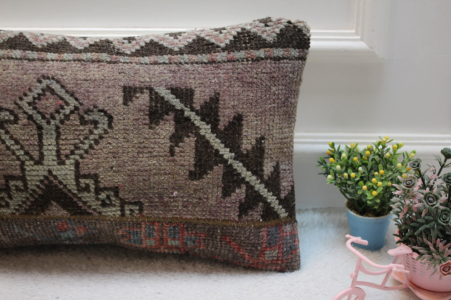 Vintage Turkish Rug Lumbar Pillow Cover: Brown Wool, 12x24 inch