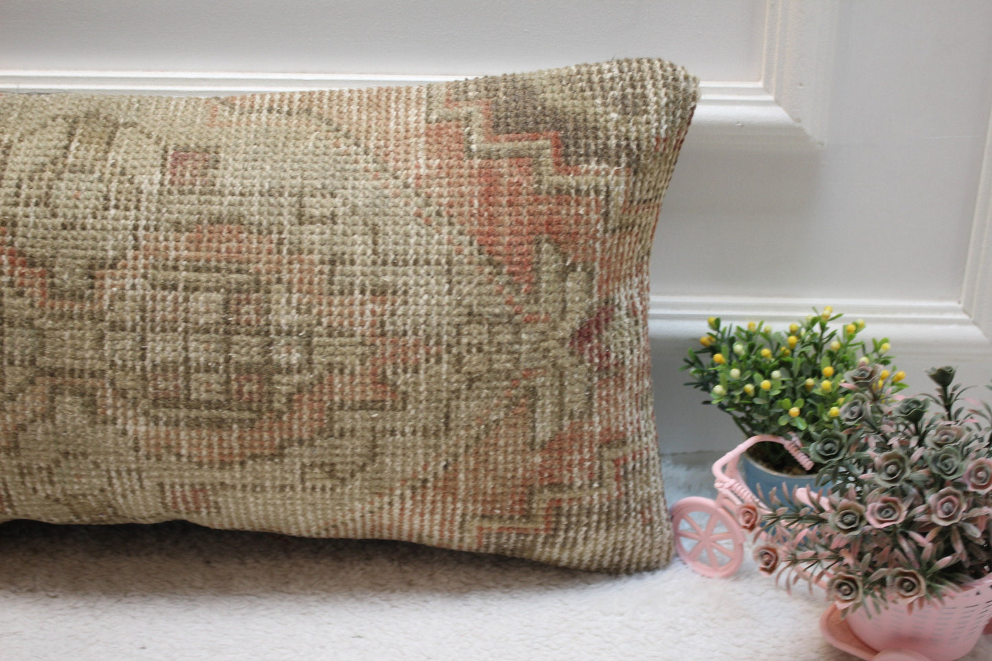 Handmade Turkish Rug Pillow Cover: Beige & Red Vintage Design (12x24 in)
