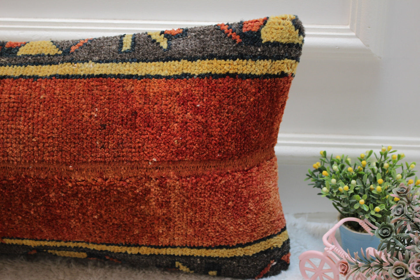 Handmade Red Turkish Rug Lumbar Pillow Cover: Organic Wool, 12x24 in