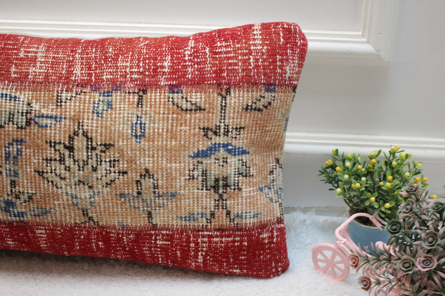 Red Anatolian Rug Pillow: Vintage Turkish Wool Lumbar Cushion (12x24 in)