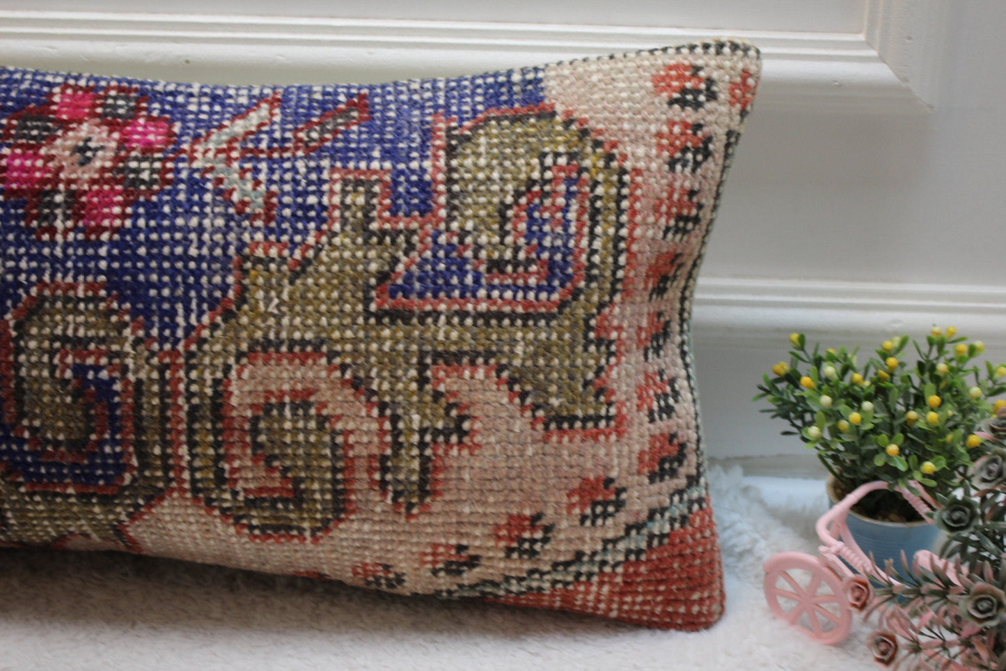 Blue Vintage Turkish Rug Lumbar Pillow Cover: 12x24 Organic Wool Pillow
