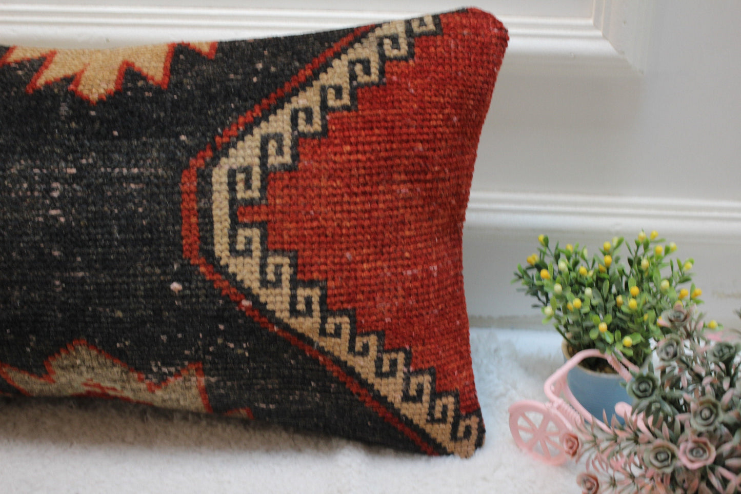 Handmade Kilim Pillow Cover: Ethnic Red & Black Wool Rug Pillow (12x24 in)