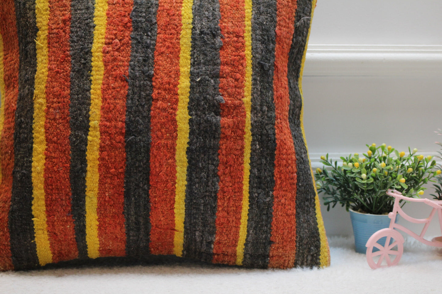 Handmade Striped Kilim Pillow Cover: Red, Black & Yellow, 16x16 inc
