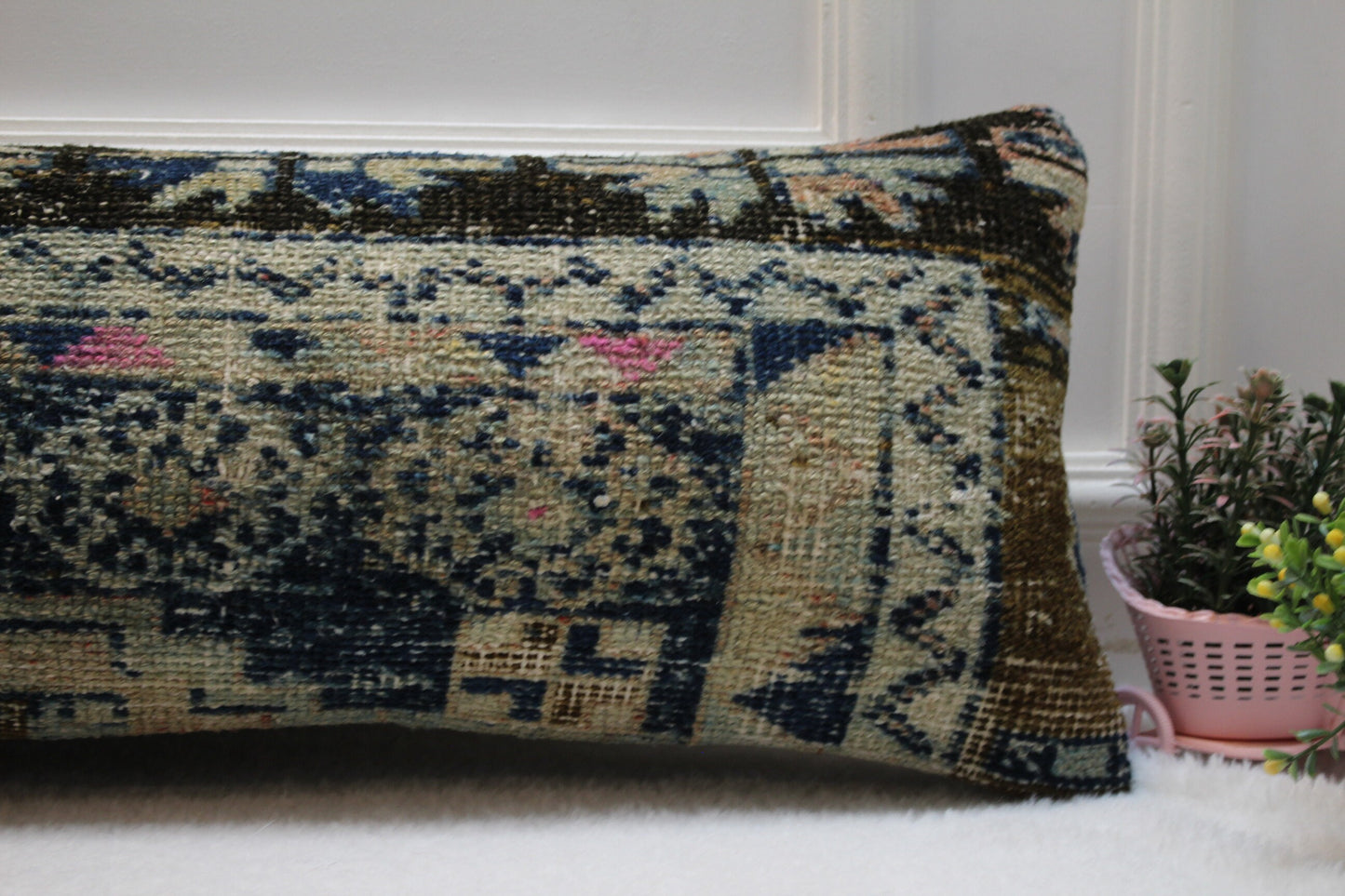 Handmade Turkish Rug Lumbar Pillow Cover: Upcycled Kilim, 12x36 inch