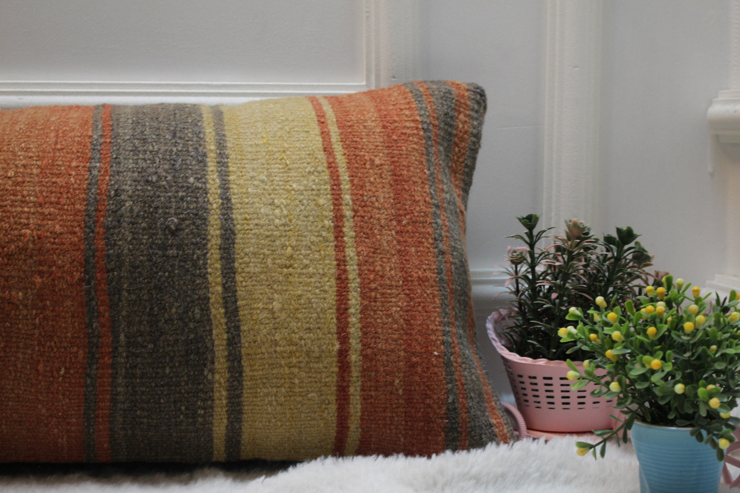 Handmade Striped Kilim Pillow Cover: Upcycled Wool, 12x36 inch
