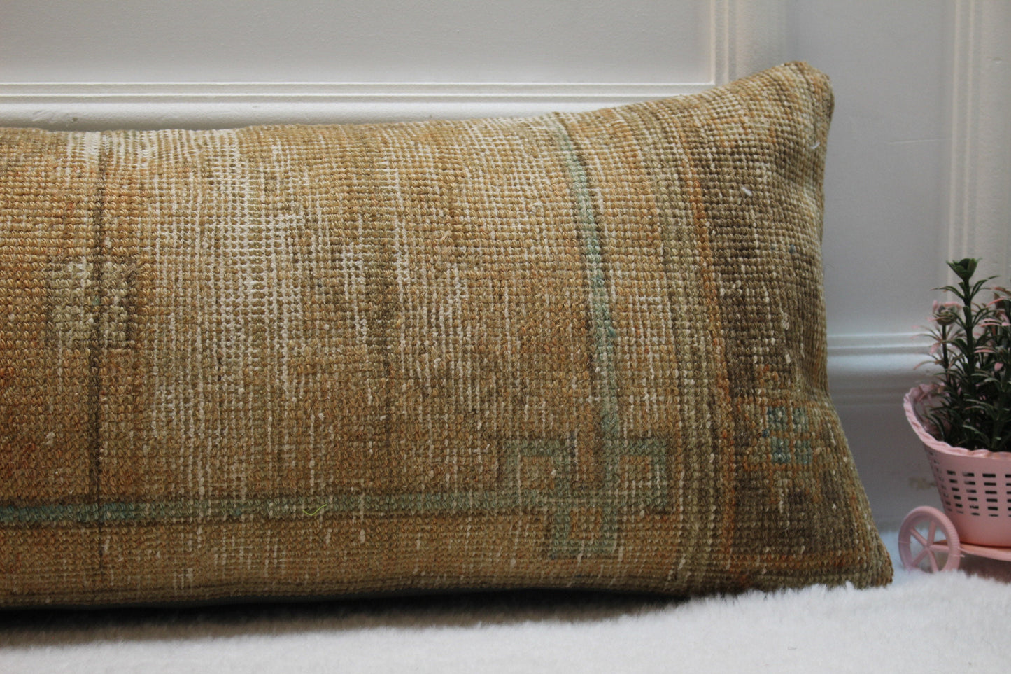 Handmade Turkish Rug Lumbar Pillow Cover: Upcycled Woven Wool (12x36 in)