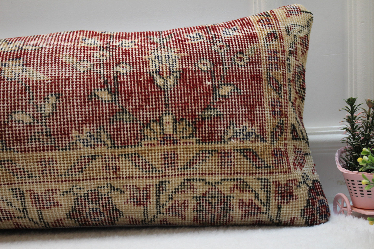 Handmade Red Kilim Pillow Cover: Upcycled Woven Rug, 12x36 inch