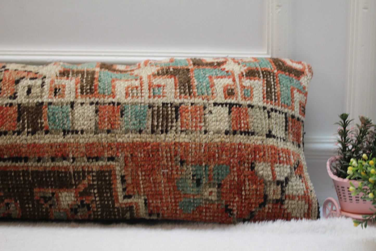 Geometric Turkish Rug Lumbar Pillow Cover: 12x36 inc, Upcycled Wool