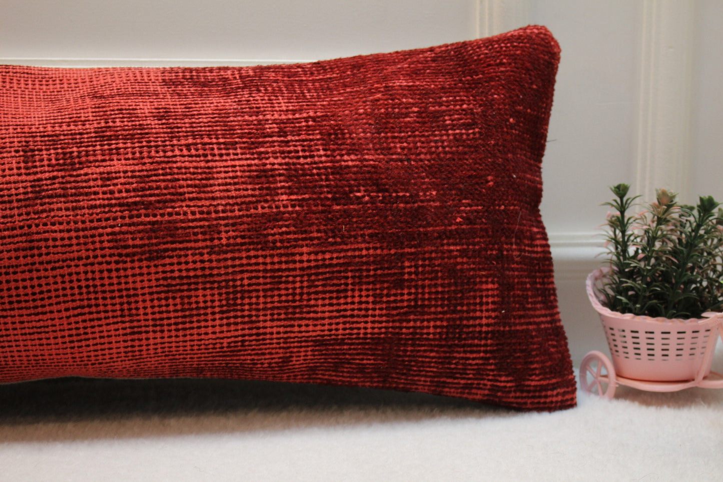 Handmade Red Kilim Lumbar Pillow Cover: Upcycled Woven Rug, 12x36 in