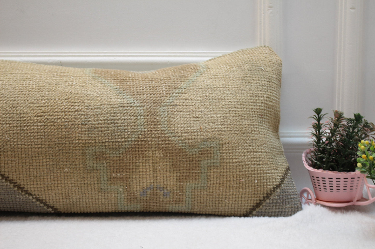 Beige Vintage Turkish Rug Lumbar Pillow Cover: Organic Wool, 12x36 inc