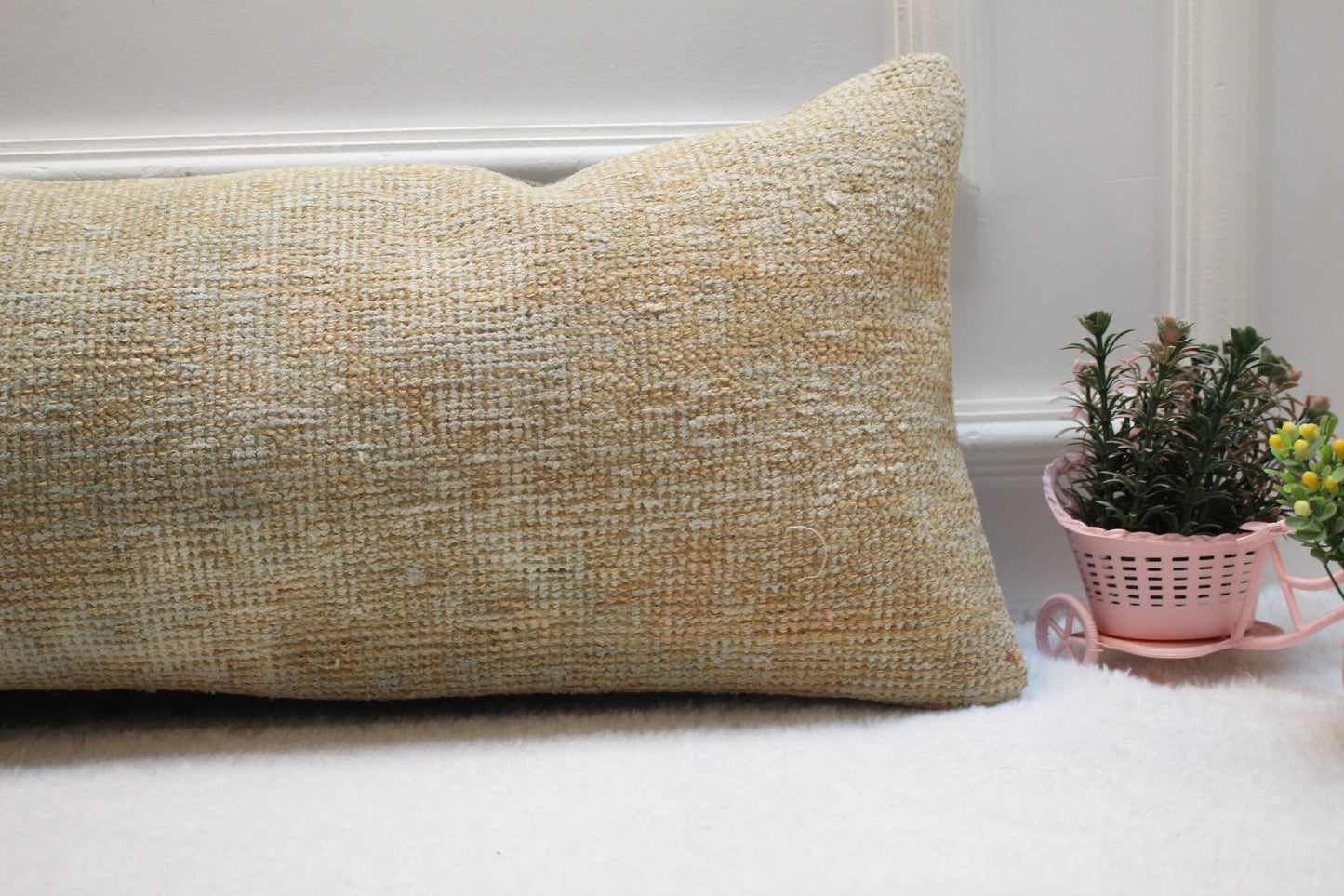 Handmade Turkish Rug Lumbar Pillow Cover: Upcycled Woven Wool, 12x36 inch