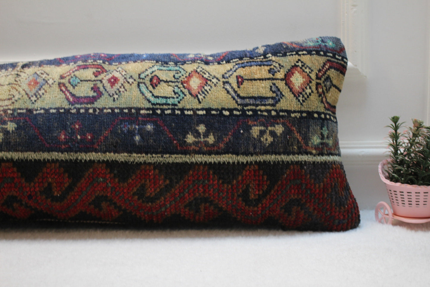 Lumbar Kilim Pillow Cover: Organic Wool, Boho Rug Pillow (12x36 inc.)