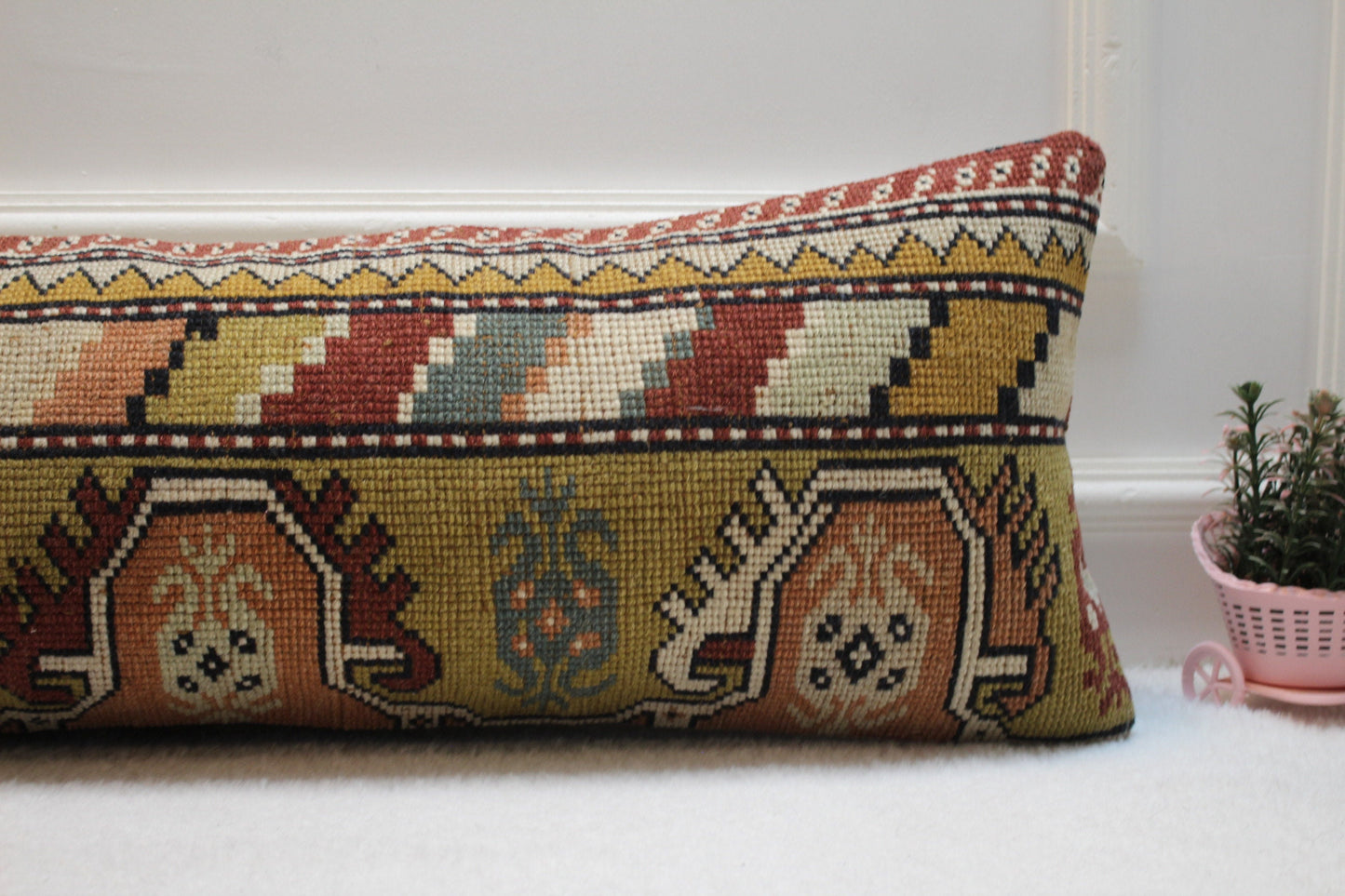 Handmade Geometric Kilim Lumbar Pillow Cover: Organic Wool Boho Design (12x36 in)