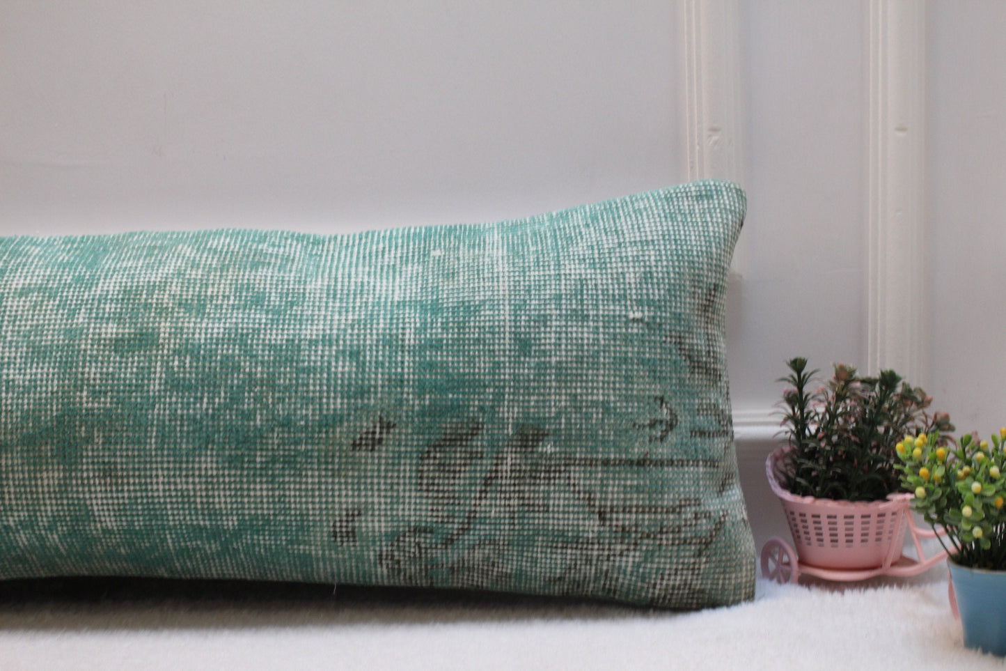 Green Vintage Rug Lumbar Pillow Cover: Organic Wool, 12x36 inch