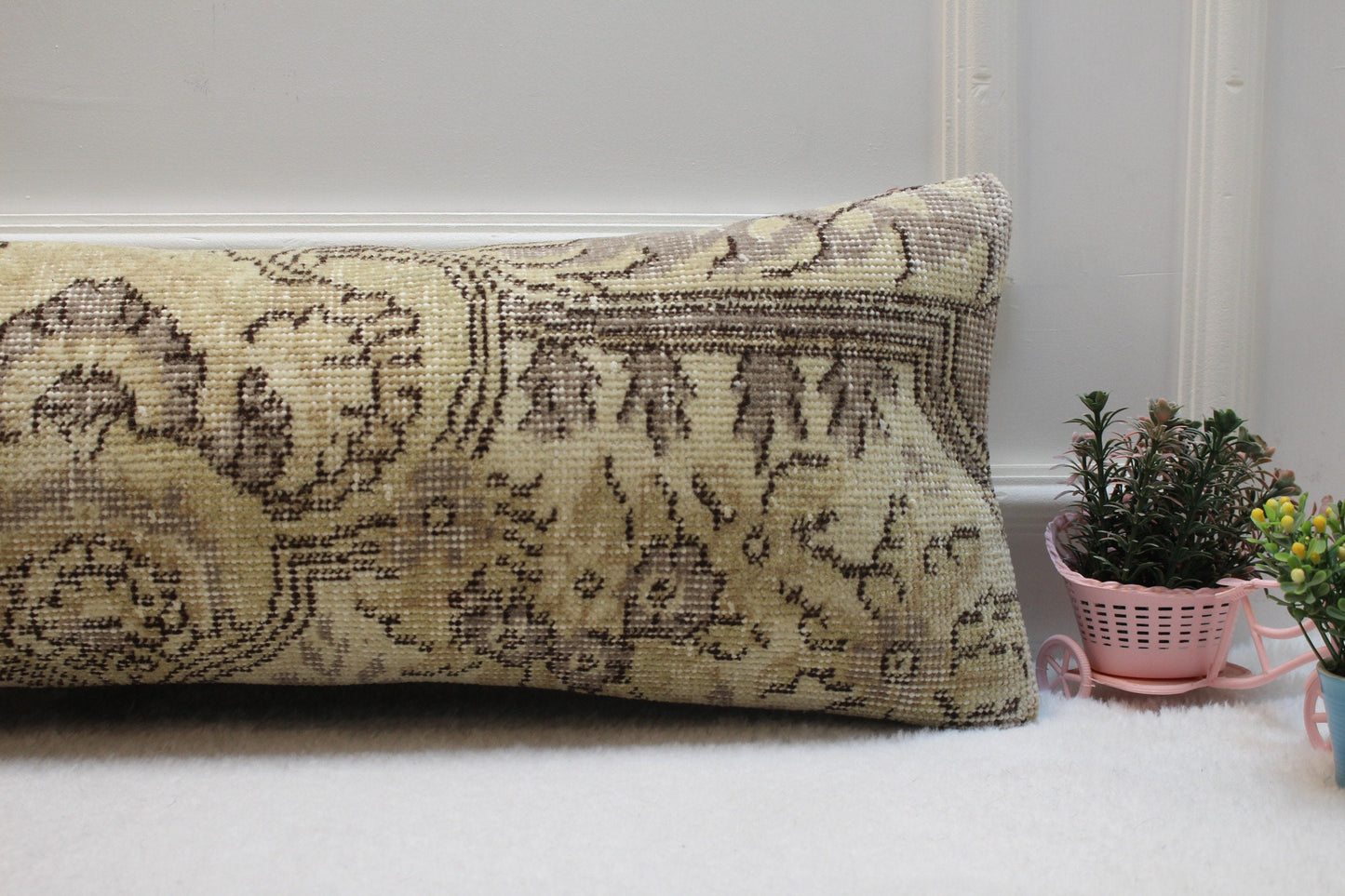 Handmade Wool Lumbar Pillow Cover: Beige Brown Anatolian Rug, 12x36 in