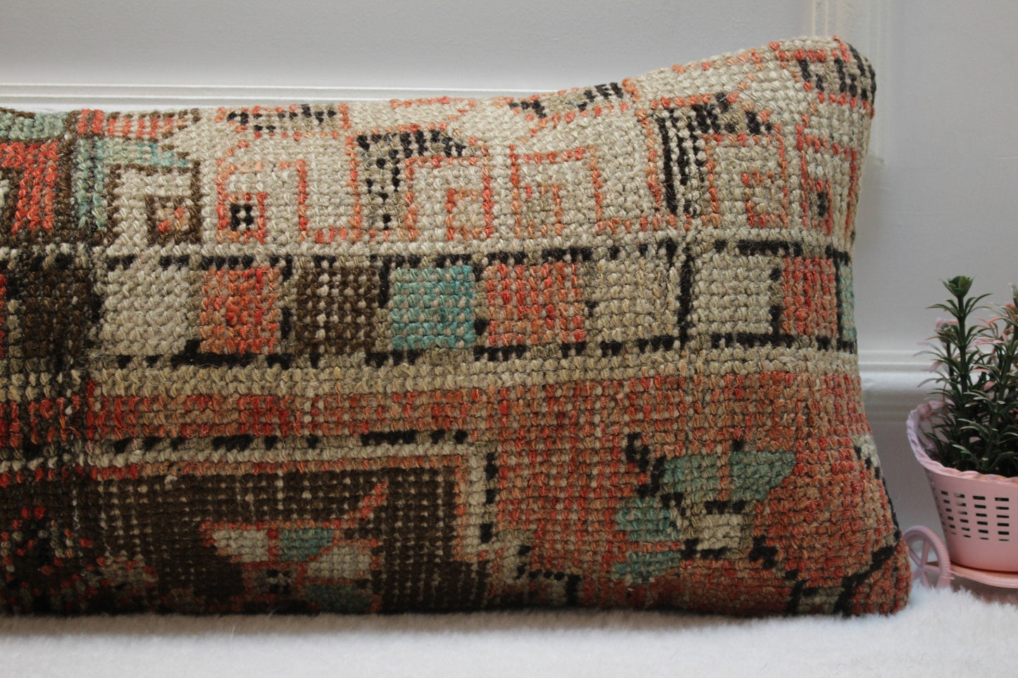 Red Turkish Rug Pillow Cover: Vintage Boho Lumbar Pillow (12x36 in)