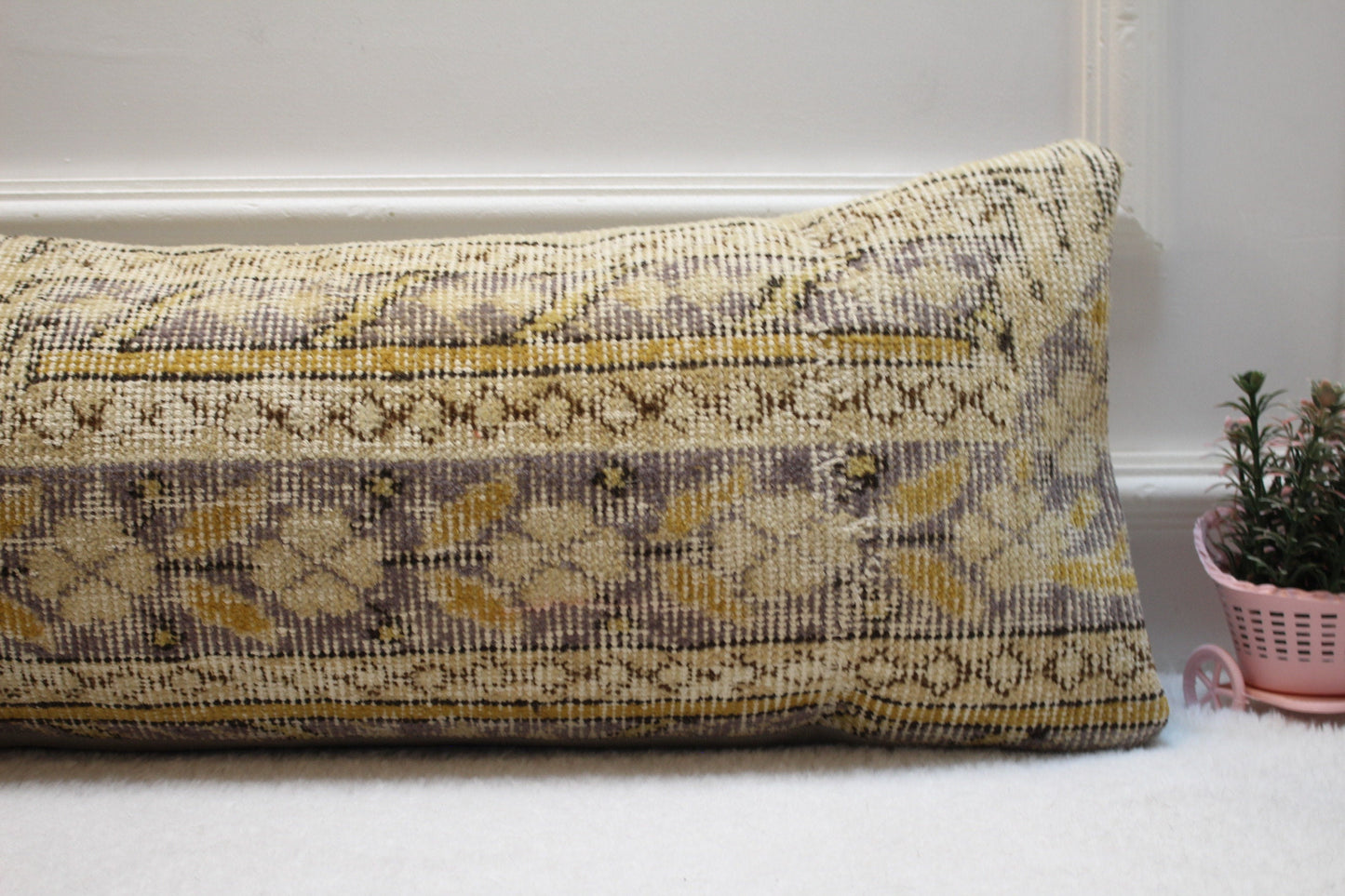 Beige Vintage Turkish Rug Pillow: 12x36 Boho Lumbar Pillow Cover