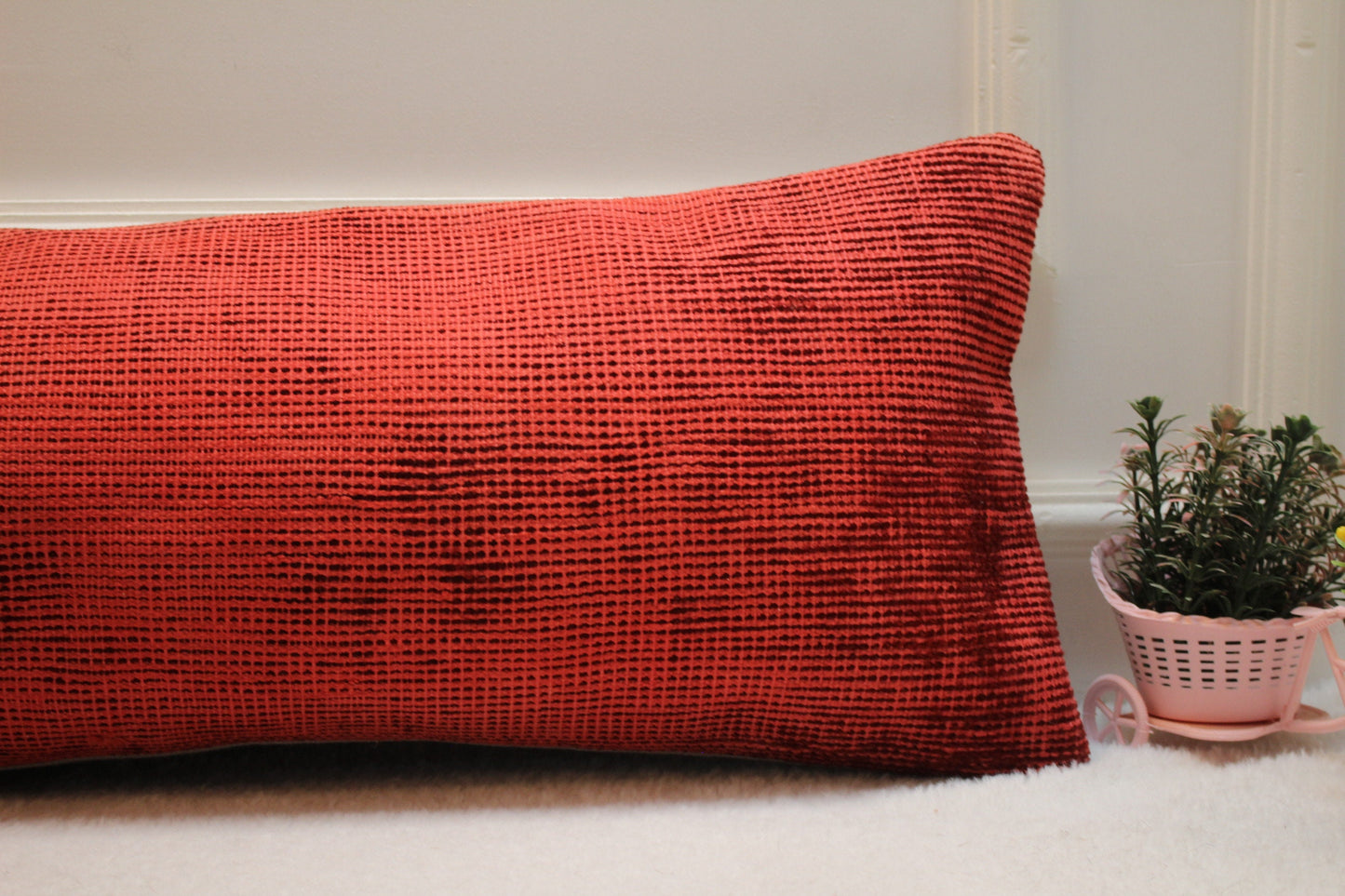 Red Turkish Kilim Pillow Cover: Vintage Handmade Lumbar Cushion (12x36in)