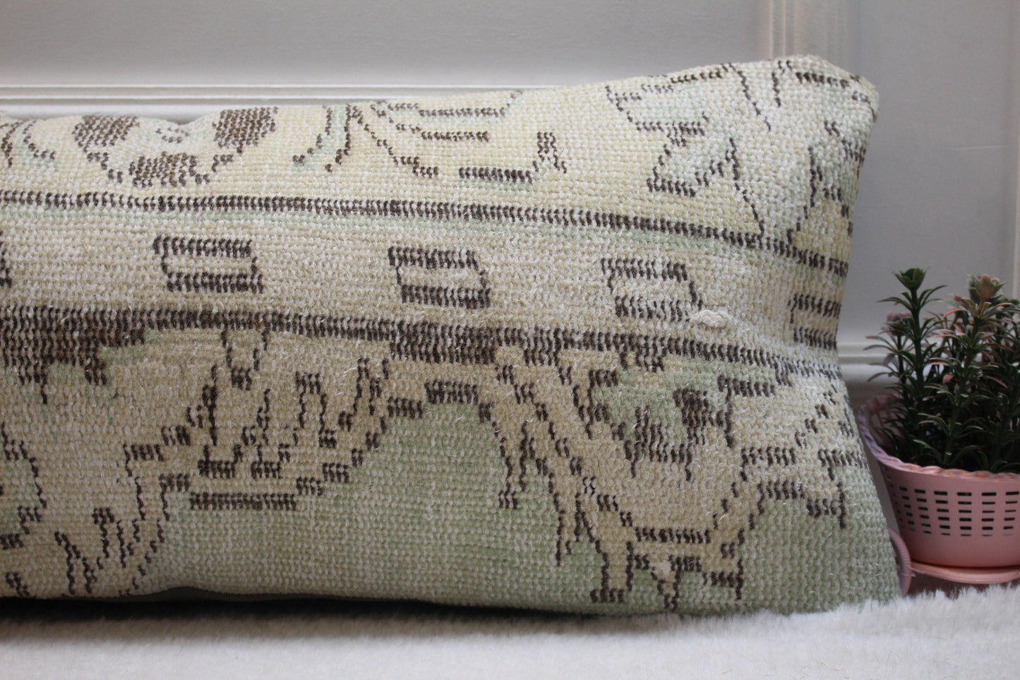 Vintage Turkish Rug Pillow Cover: Green Boho Lumbar Pillow (12x36 in)