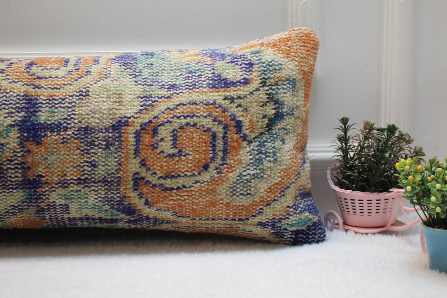 Handmade Kilim Lumbar Pillow Cover: Blue Orange Wool Rug Pillow (12x36 inc)