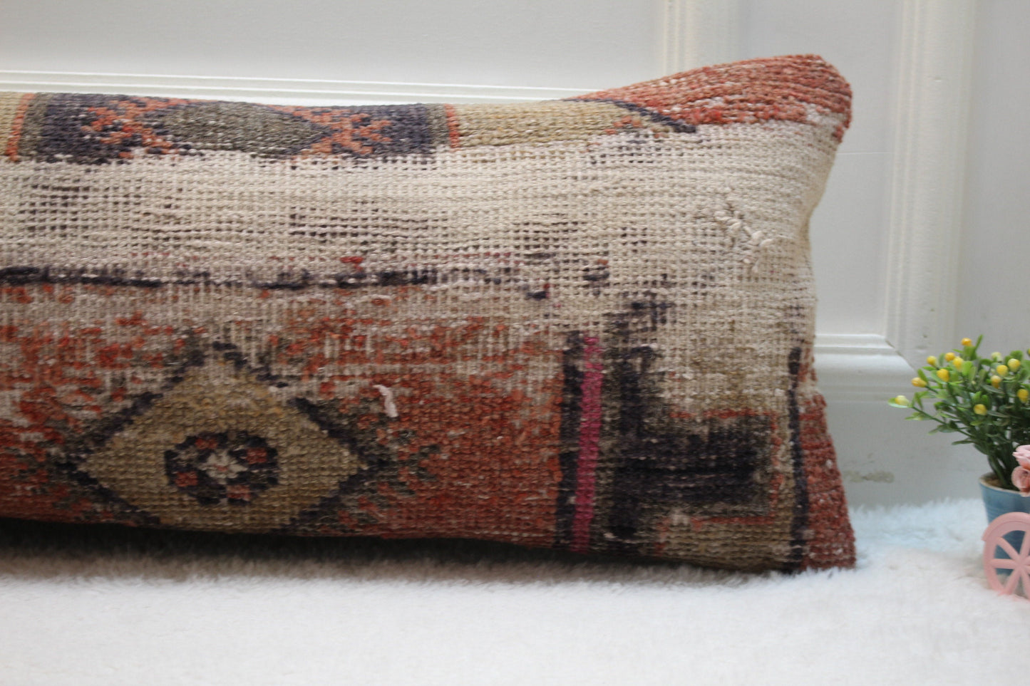 Handmade Wool Lumbar Pillow Cover: Vintage Turkish Rug, 12x36 inc