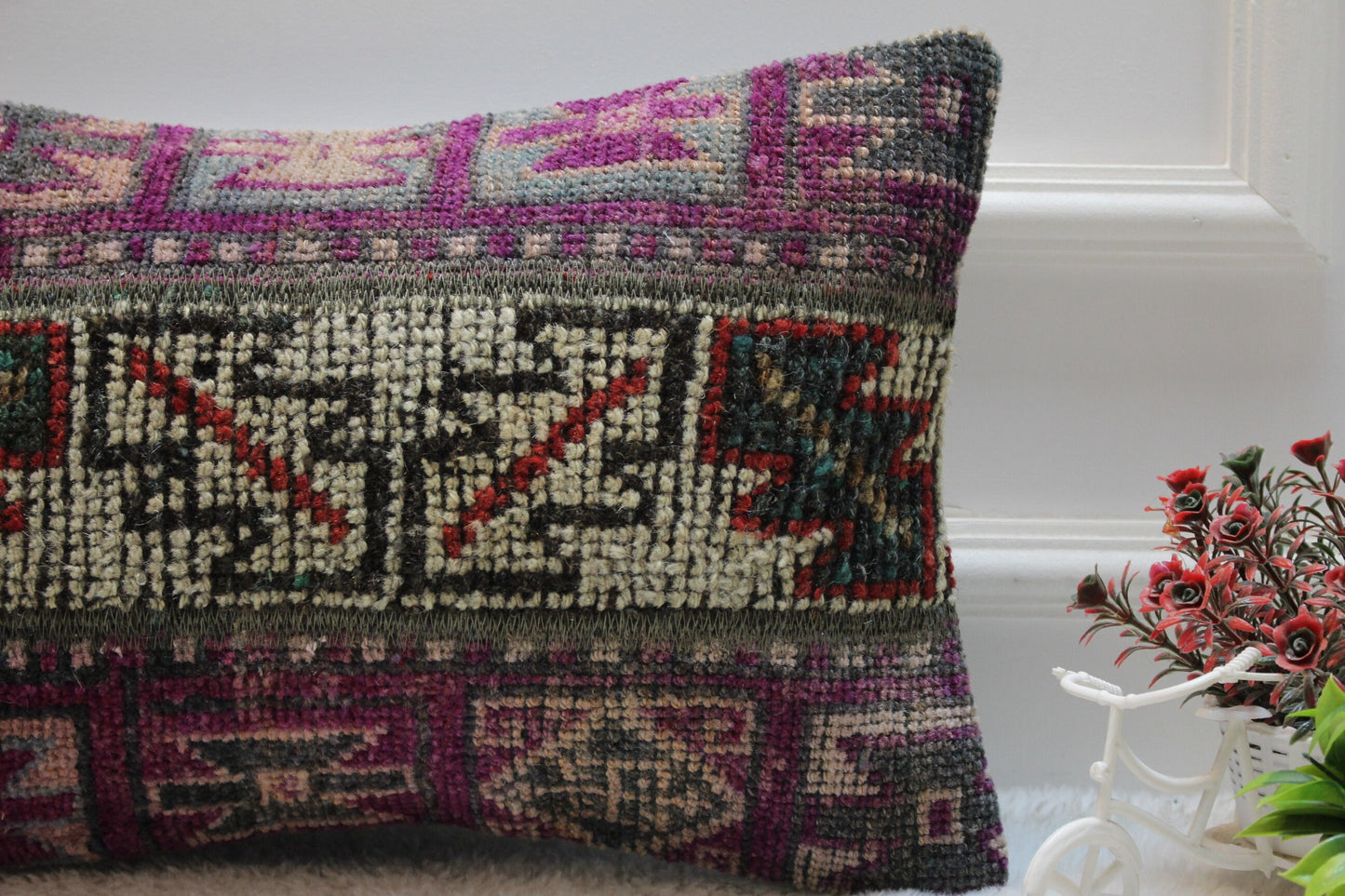 Purple Turkish Rug Lumbar Pillow Cover: Vintage Kilim, 12x20 inc