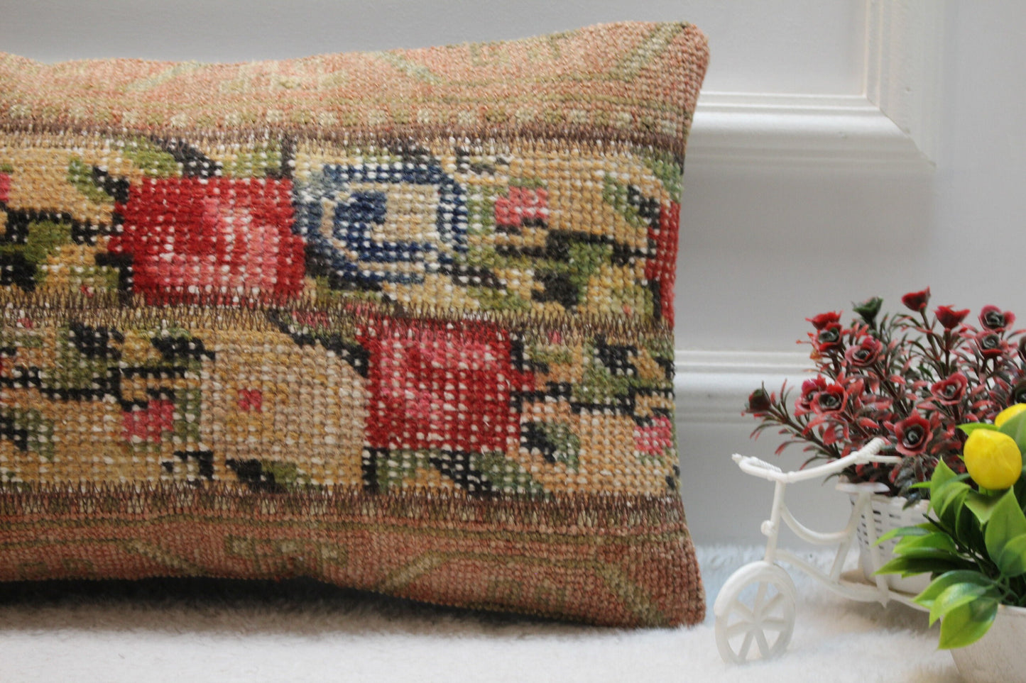 Red Turkish Rug Lumbar Pillow Cover: Vintage Woven Wool, 12x20 inc