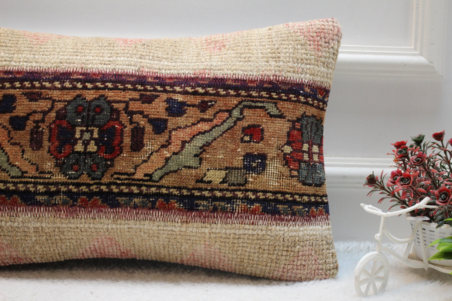 Vintage Turkish Rug Lumbar Pillow Cover: Blue Anatolian Kilim Pillow (12x20 in)