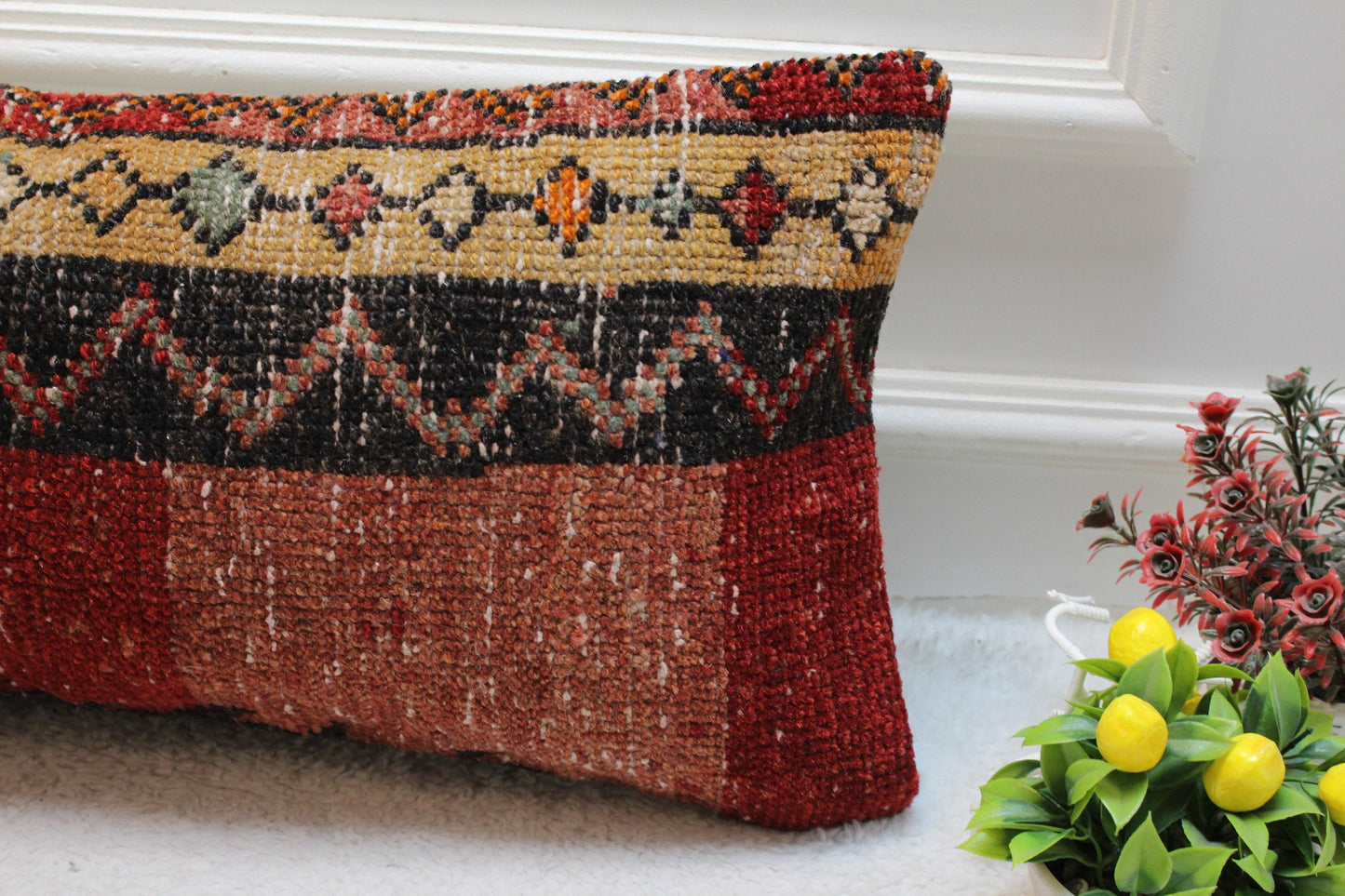 Red & Black Turkish Rug Pillow Cover: Lumbar Accent Pillow (12x24 in)