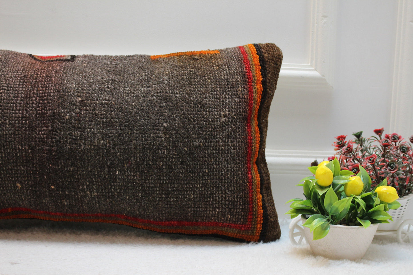 Handwoven Kilim Pillow Cover: Organic Wool Turkish Rug (12x24 inc)